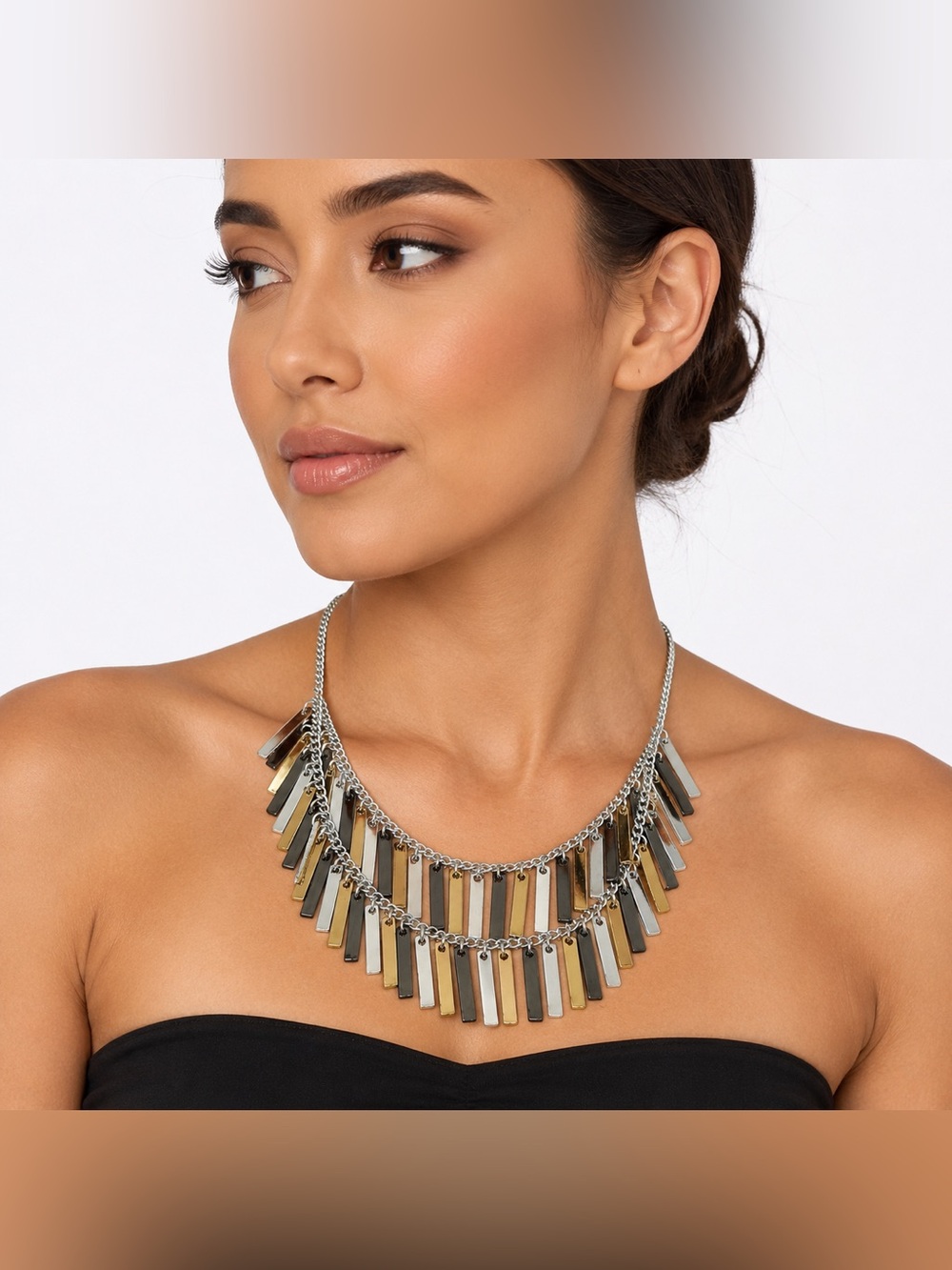 Nine West Tri-Tone Fringe Statement Silver Gold Gunmetal Layered Necklace